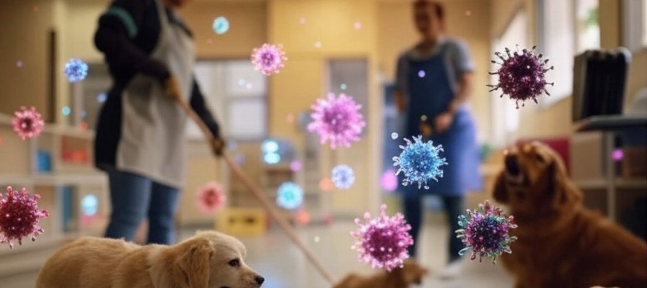 Doggy-Daycare-with-Sick-Dogs-and-Virus-Particles-Floating-in-Air