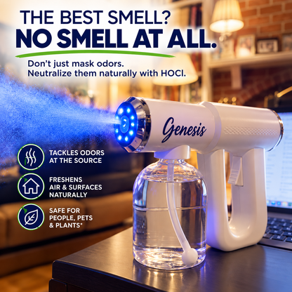 Genesis HOCl handheld fine mist sprayer freshening indoor air and surfaces while helping neutralize unwanted odors naturally.